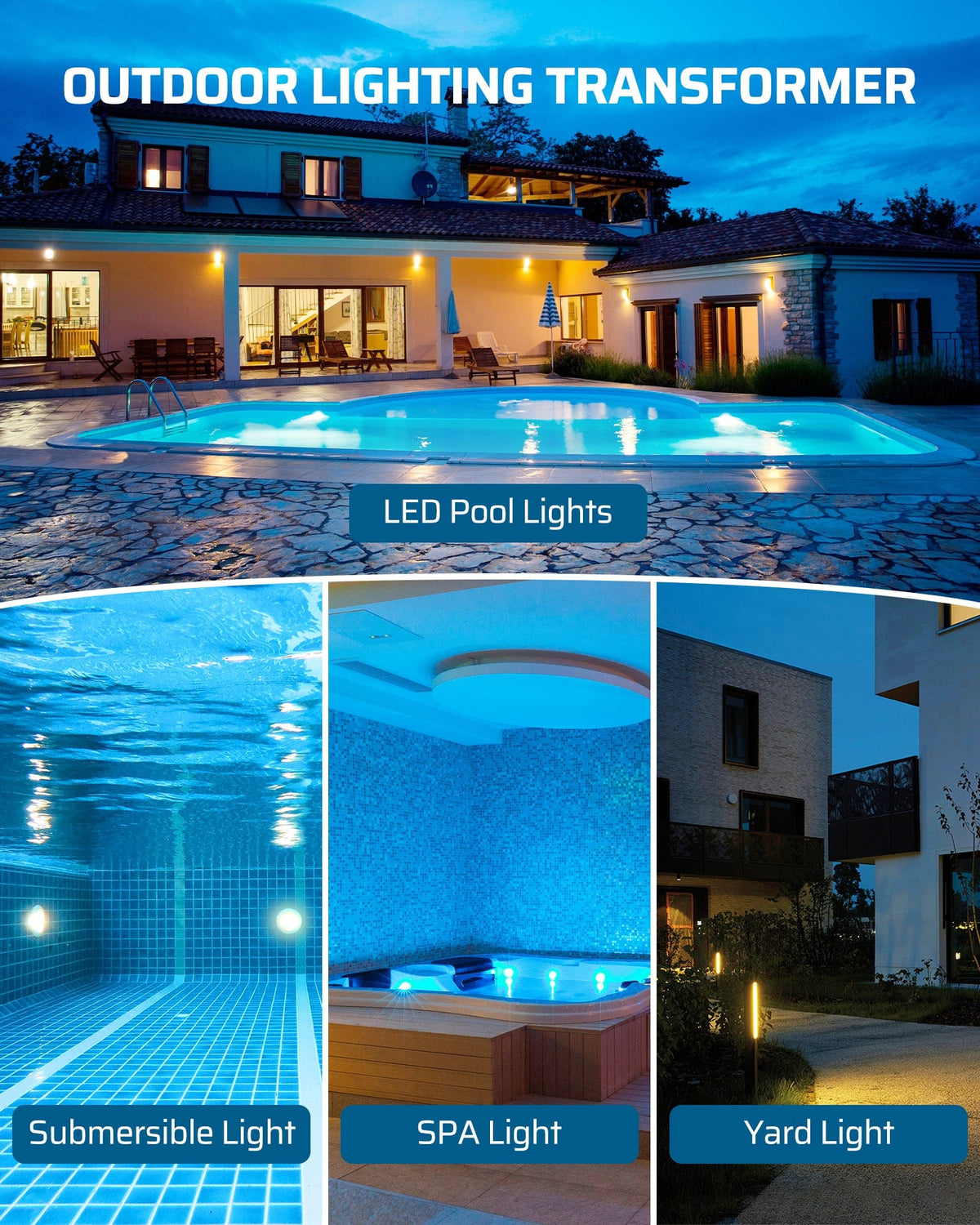 DEWENWILS 100W Low Voltage Transformer powers outdoor lighting including LED pool lights, submersible lights, SPA lights, and yard lights reliably.