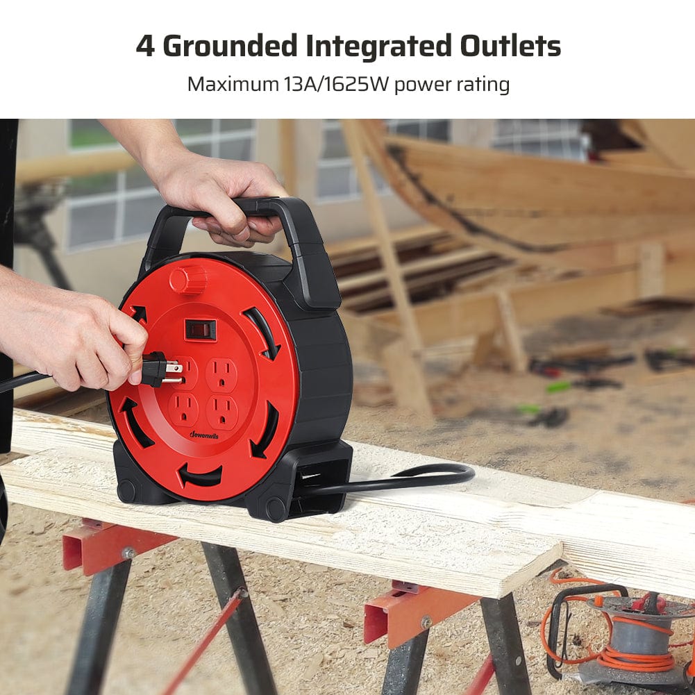 30ft extension cord reel with four grounded integrated outlets, supporting up to 13A/1625W power.