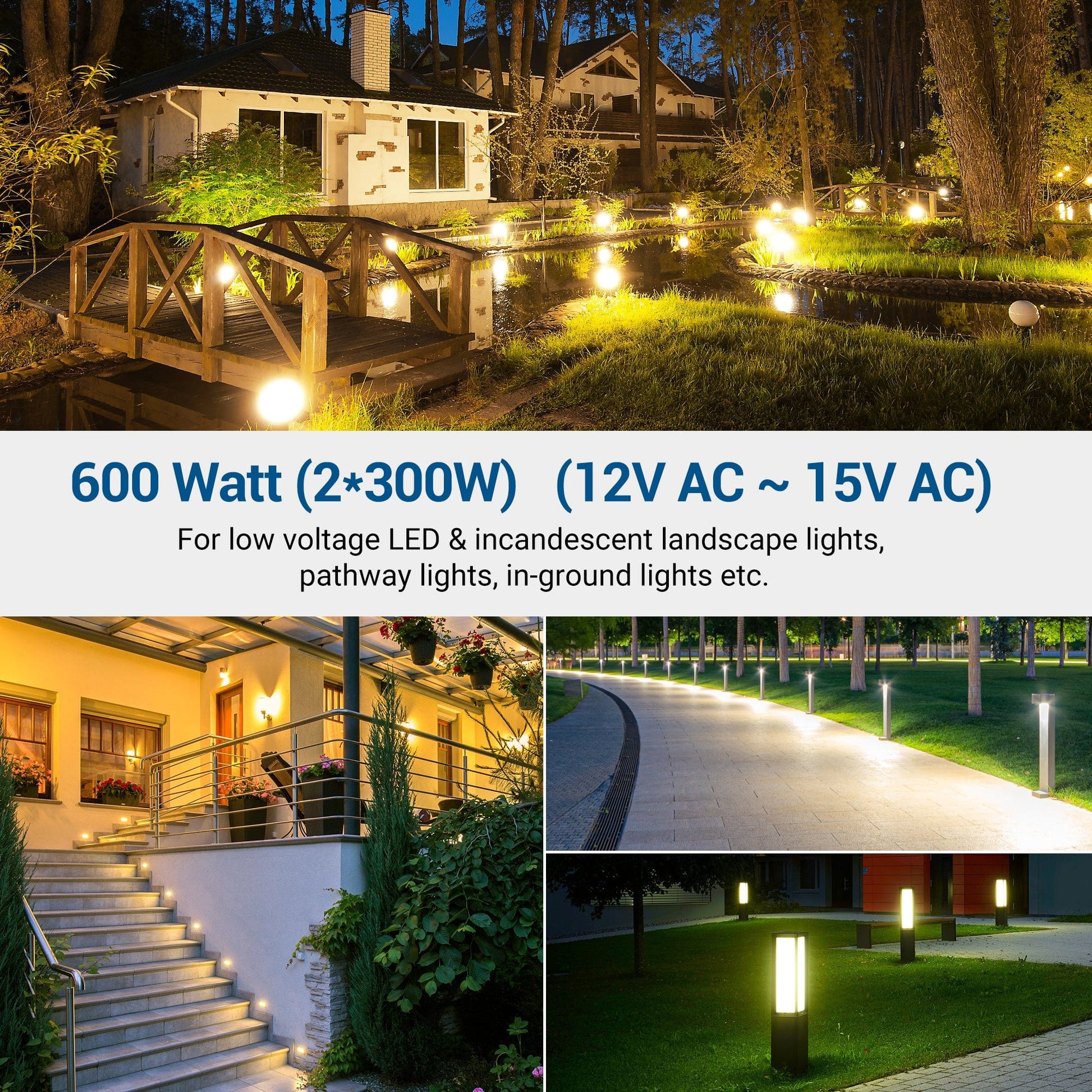 DEWENWILS 600W Low Voltage Transformer, 12–15V AC, 600W (2×300W), for low-voltage LED, incandescent, pathway, and in-ground landscape lights