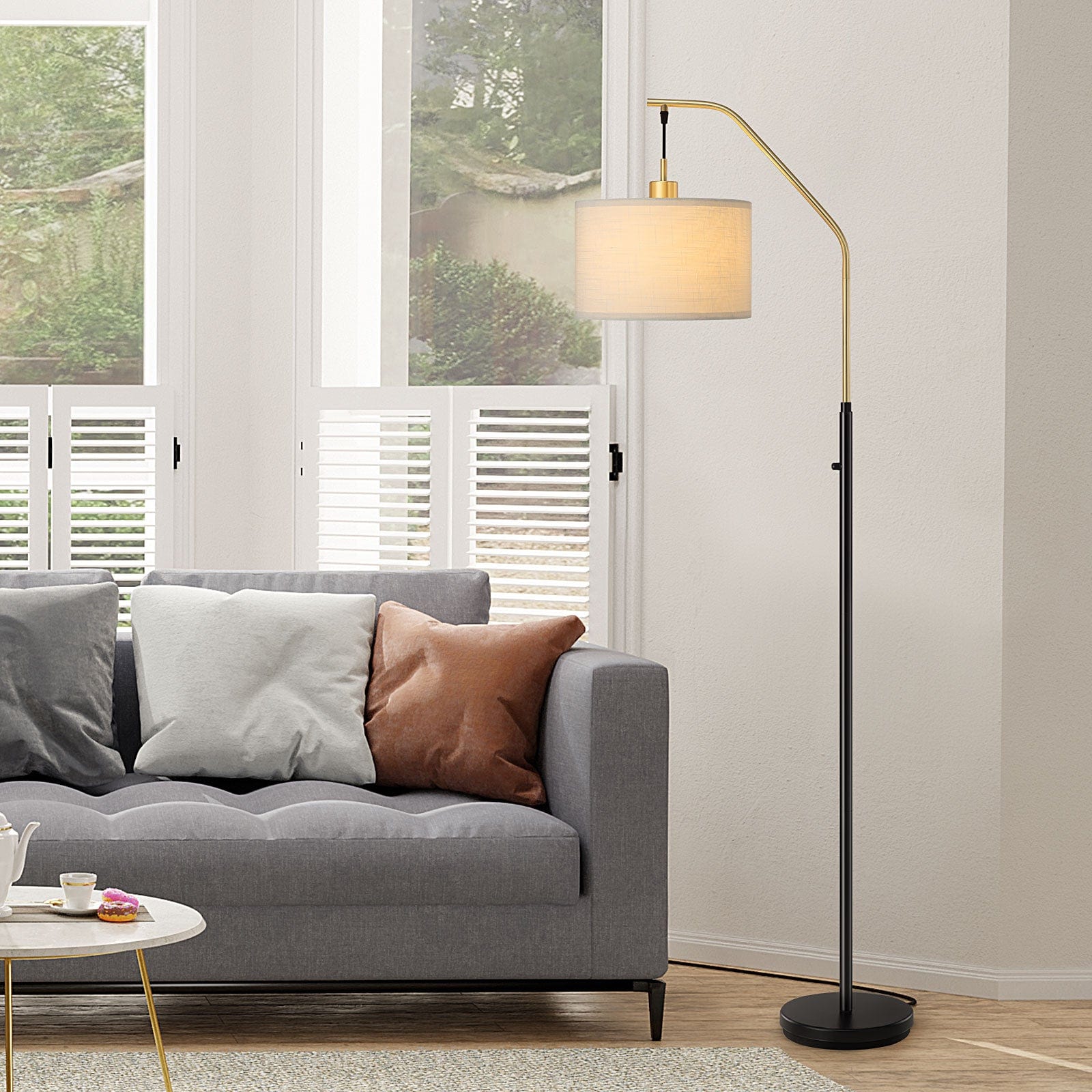 DEWENWILS Modern Gold Arched Floor Lamp, Stepless Dimmable Standing Tall Light with Hanging Shade, Corner Arc Reading Lamp for Living Room, Bedroom, Office, Bright 10W LED Bulb Included (Gold)-HLFL04L