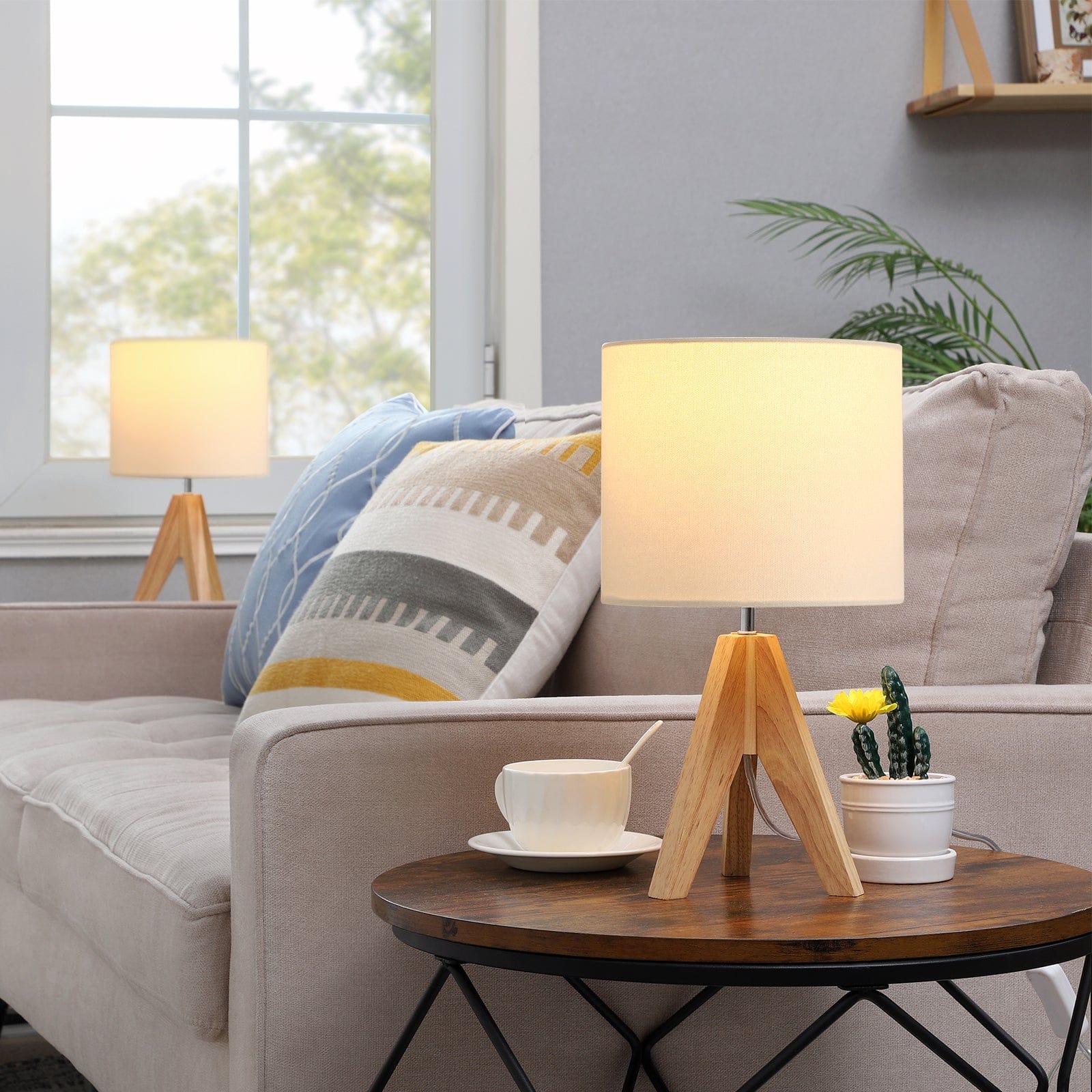 DEWENWILS 14.2 inches Table Lamp, Wooden Tripod Table Lamp with White Linen Fabric Shade, 2 Pack Table Lamp for Living Room, Bedroom, Side Table, Nursery, Office-HLTL05J