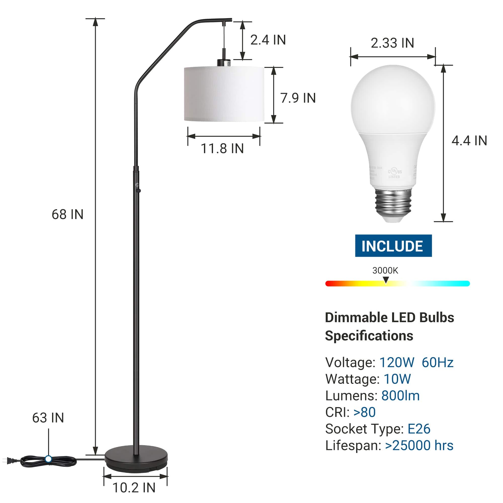 DEWENWILS Black Arched Floor Lamp, Stepless Dimmable Corner Light with Hanging Lampshade, Standing Tall Arc Lamp for Living Room, Bedroom, Office, 10W 3000K LED Bulb Included (Black)-HLFL04D1