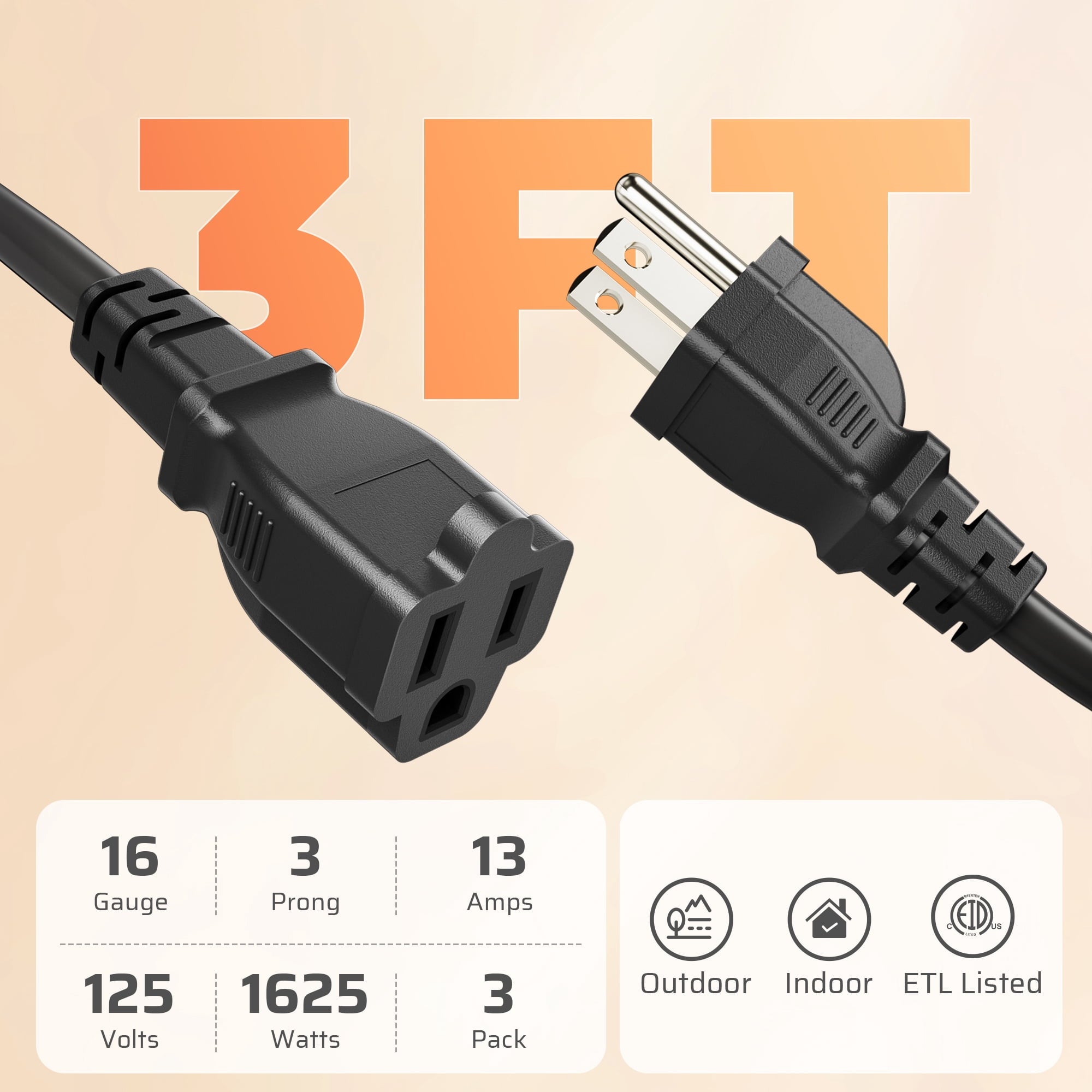 DEWENWILS 3 FT Extension Cords for Indoor and Outdoor 16 AWG 3 Prong 13A 3-Pack Black - WHNCB03C