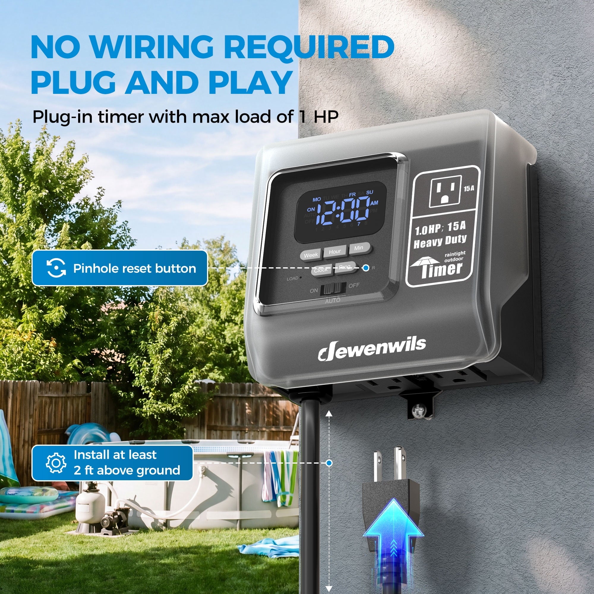 DEWENWILS 7-Day Digital Pool Timer, Twist-Lock NEMA 5-15R Plug-In Outdoor Timer, 16 ON/OFF Programs, 15A 120V 1HP Heavy Duty Weatherproof Timer for Pool Pumps, Heaters, Lights, Memory Backup