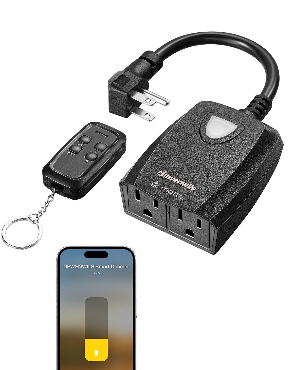 DEWENWILS Wi-Fi Matter Smart Dimmer Plug, Remote Control, 2 Grounded Outlets, Works with Alexa/Google Home, Support 200W Dimmable LED & 400W Tungsten Bulbs, Outdoor Dimmer for String Lights