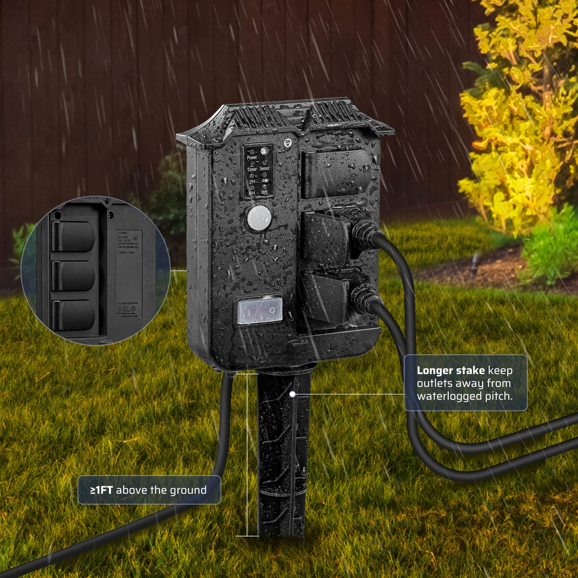 Outdoor Power Stake With Timer: Designed to sit over 1ft above the ground with a longer stake to keep outlets safe and clear of waterlogged soil.