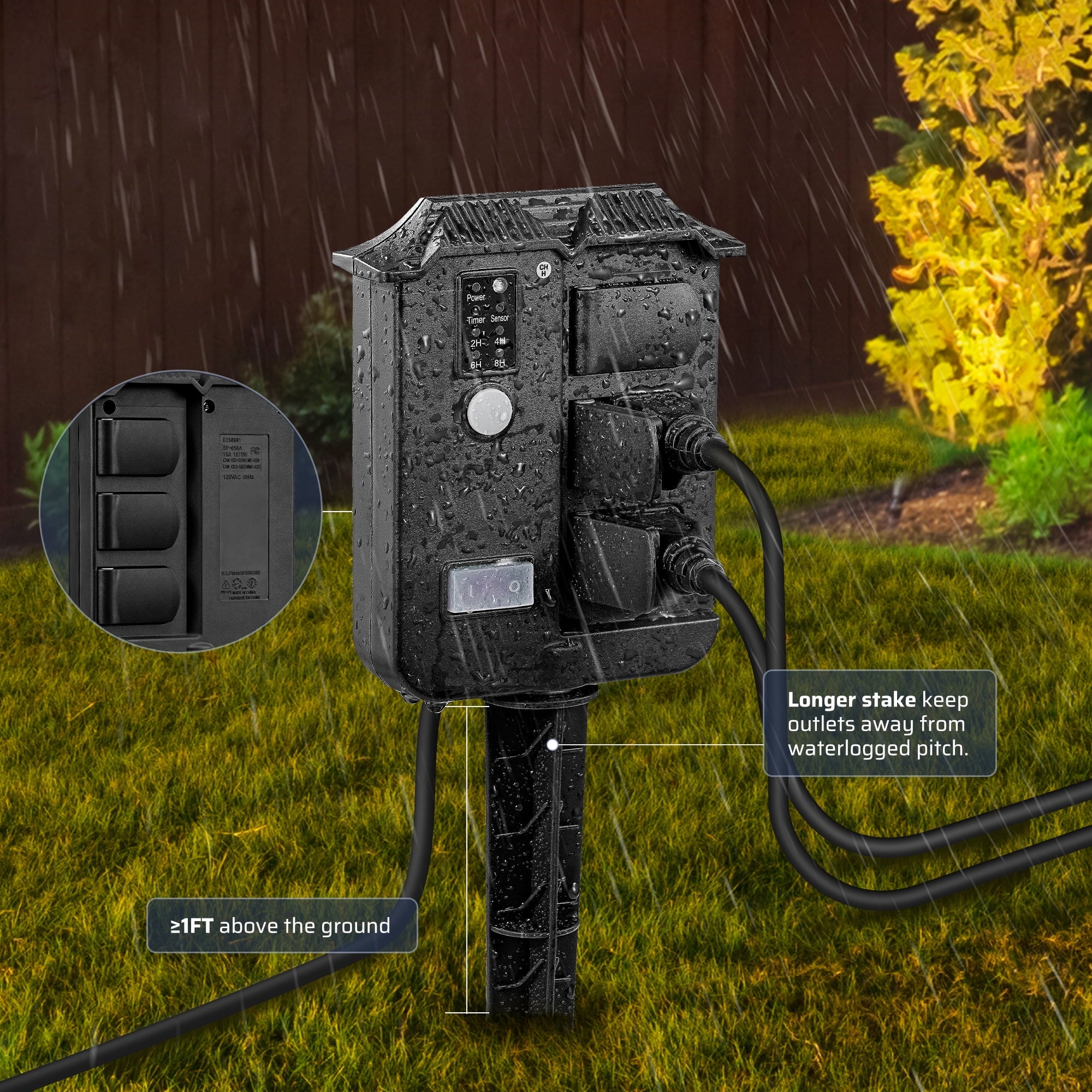 Outdoor Power Stake With Timer: Designed to sit over 1ft above the ground with a longer stake to keep outlets safe and clear of waterlogged soil.