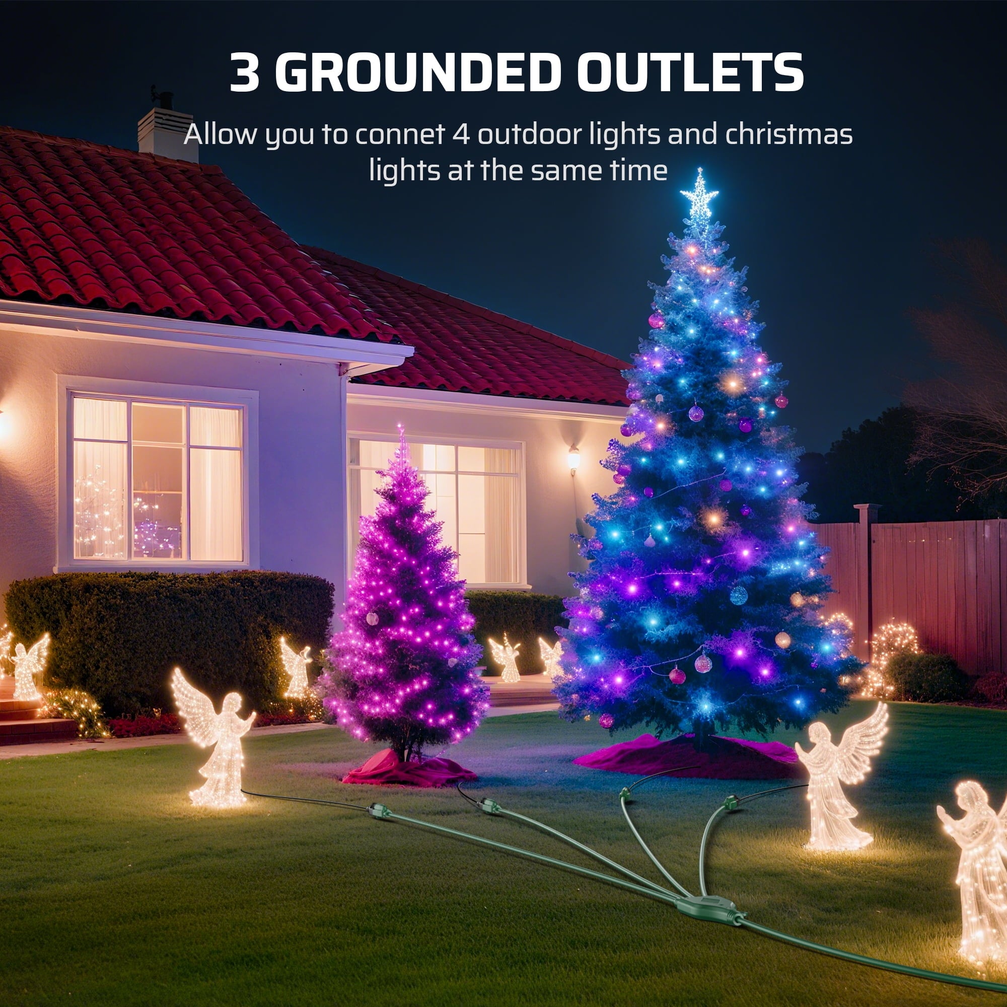 DEWENWILS 49FT (25'+6'+6'+6'+6') Outdoor Extension Cord for Christmas Lights with 4 Outlets 3 Prong 16 AWG SJTW Safety Cover