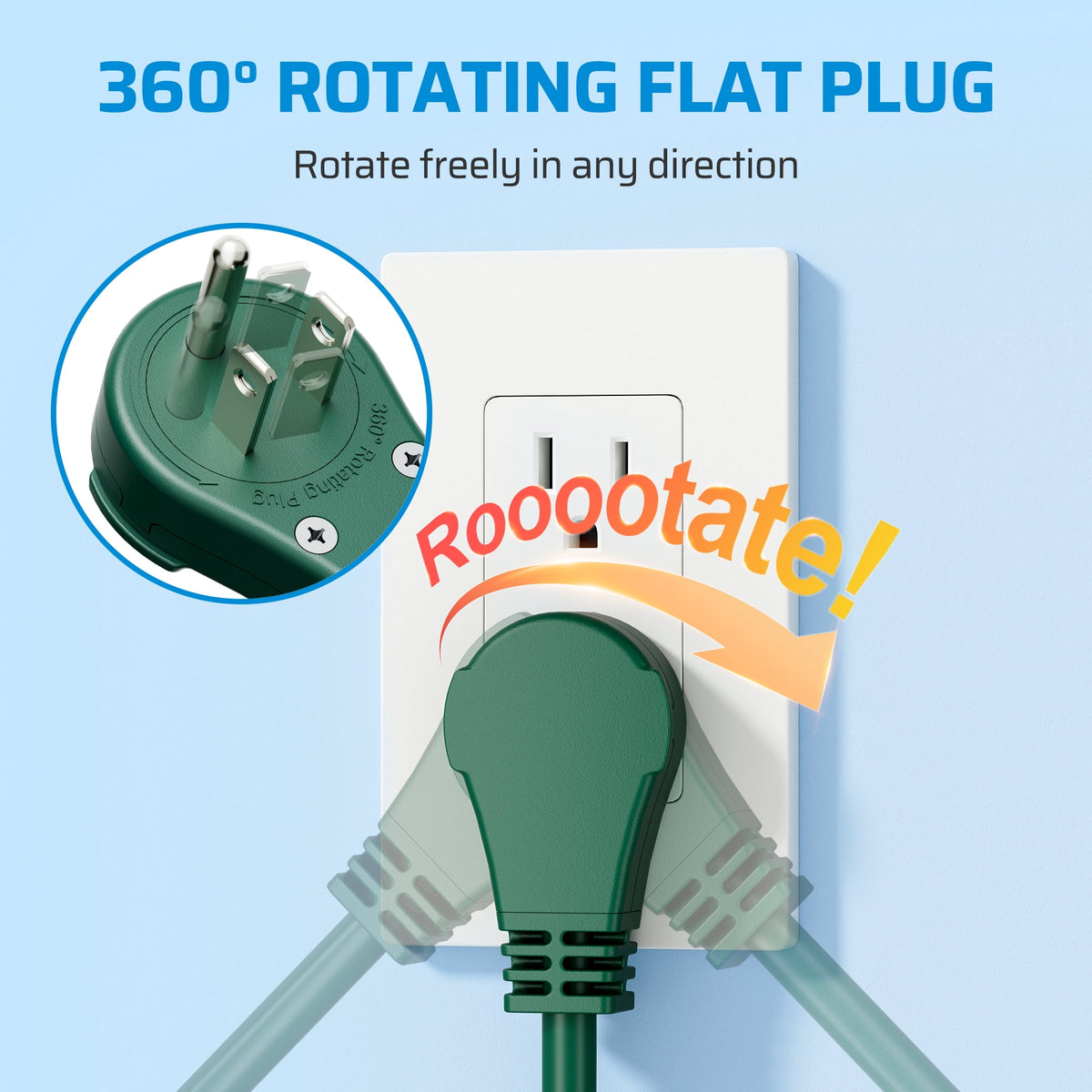 DEWENWILS Outdoor Extension Cord 25FT(6+6+6+7) 360° Rotatable Flat Plug, 3 Multi Outlets with Indicator Lights, Green 13A 1625W SJTW 16/3 Gauge