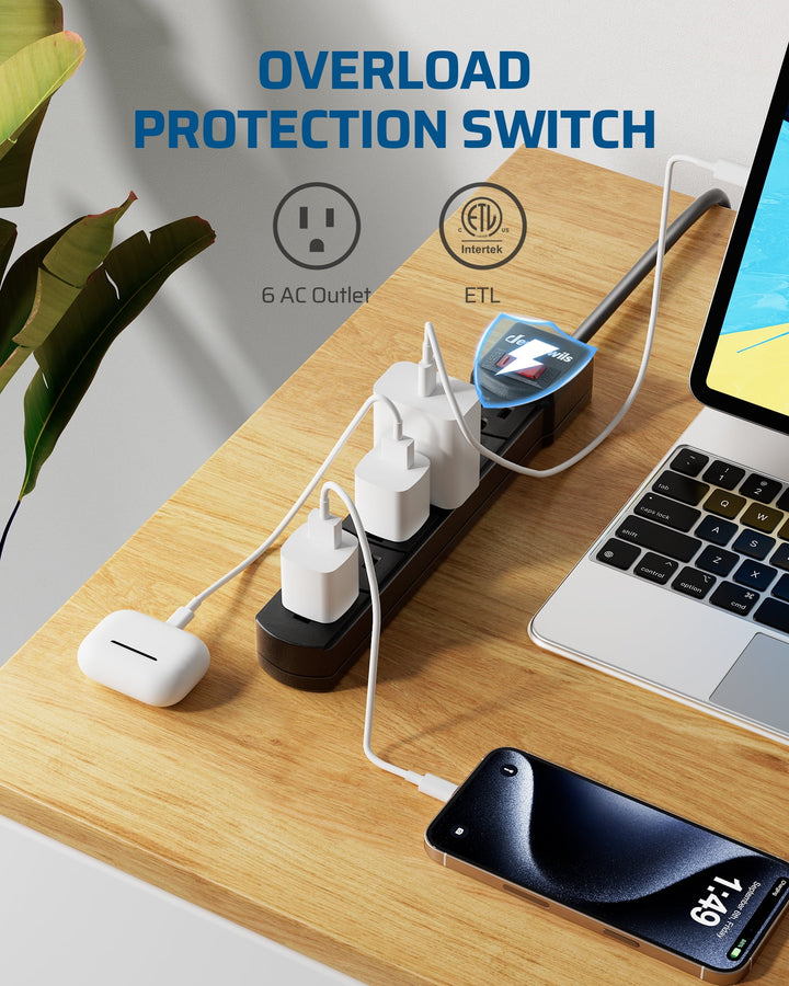 DEWENWILS 2-Pack 6-Outlets Power Strips, Surge Protector Power Strip, 2.7Ft Indoor Extension cord,New