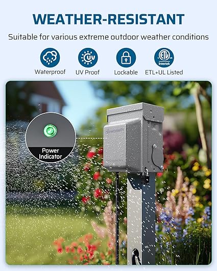 Outdoor Receptacle Box: Features an ETL and UL-listed, waterproof, and UV-proof design built to withstand extreme weather conditions while remaining lockable and secure.
