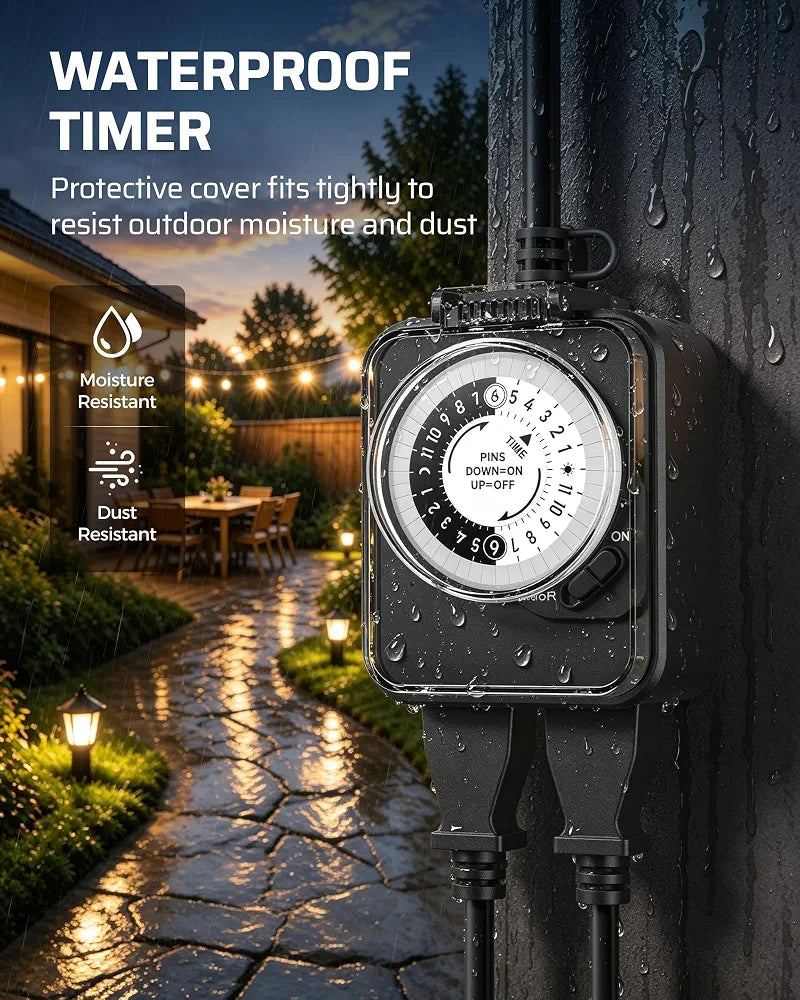 DEWENWILS 24 Hour Mechanical Timer Outlet, 2 Grounded Outlets, 15A 1/2HP