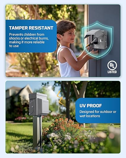 Outdoor Receptacle Box: Features a UL-listed, tamper-resistant design to prevent electrical shocks or burns, along with a UV-proof construction specifically engineered for safe use in outdoor or wet locations.
