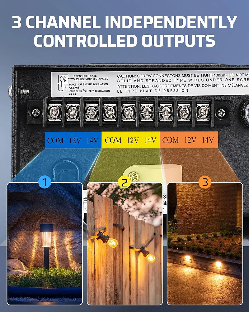 DEWENWILS 300W Matter Landscape Lighting Transformer, 120V AC to 12V/14V AC, WiFi Low Voltage Transformer, 3 Independent Outputs, Compatible with Alexa, Google Assistant - SHWLT05M