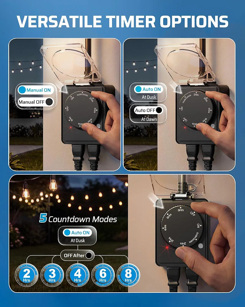 DEWENWILS Outdoor Timer Outlet, Dusk to Dawn, Dual Grounded Outlets