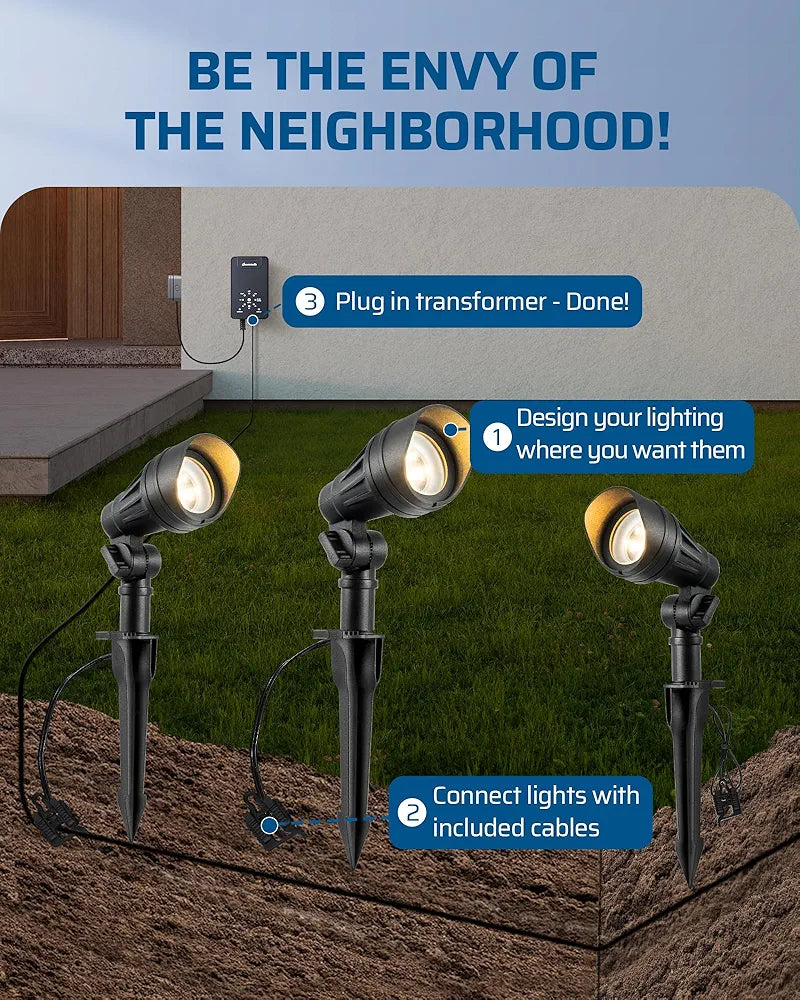 DEWENWILS 12V Landscape Lighting kit, 1x60W Transformer with Timer+8x3.2W Aluminum LED Low Voltage Landscape Spotlight Lights, 100FT Wire+8 Pack Connector for Patio Yard Garden