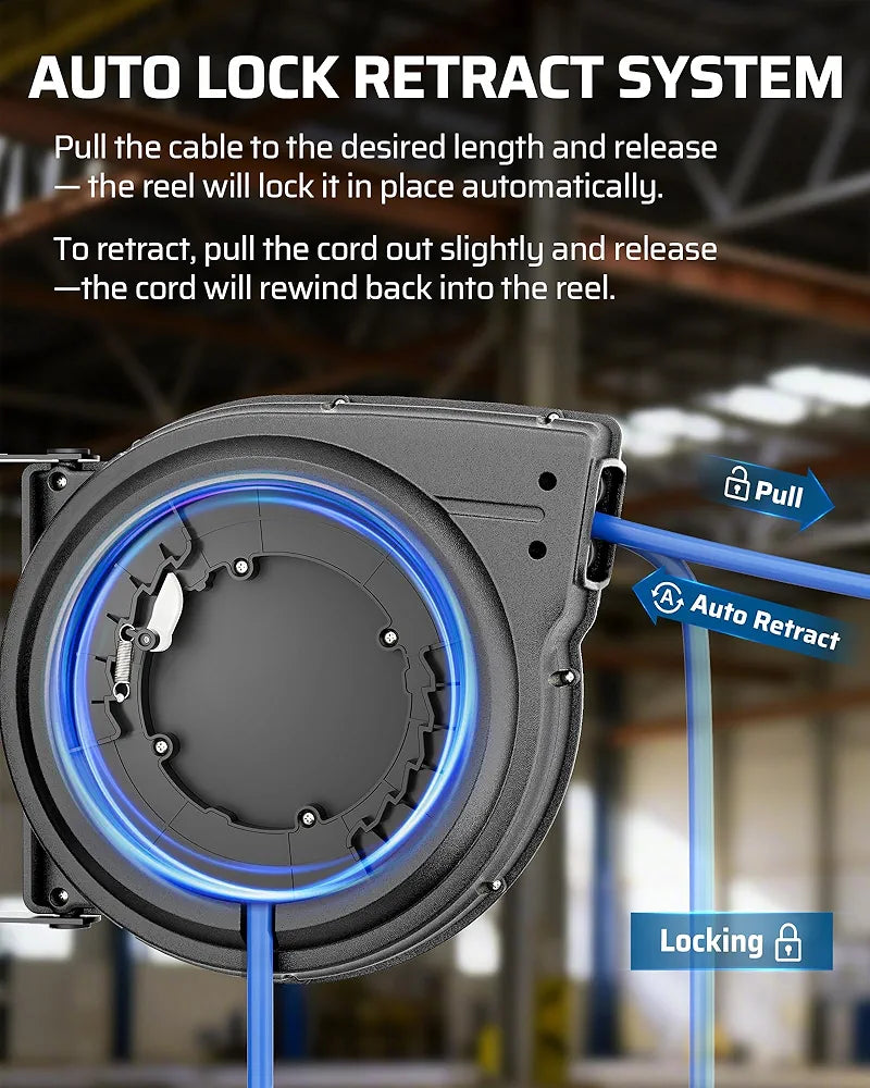 DEWENWILS 20 Amp Retractable Extension Cord Reel, 40FT 10AWG SJTOW Heavy Duty Extension Cord, Auto-Rewind No-Tangle, Circuit Breaker, 4 Outlets for Garage Shop, 2500W, Blue - HCRD40D-HCRD40F