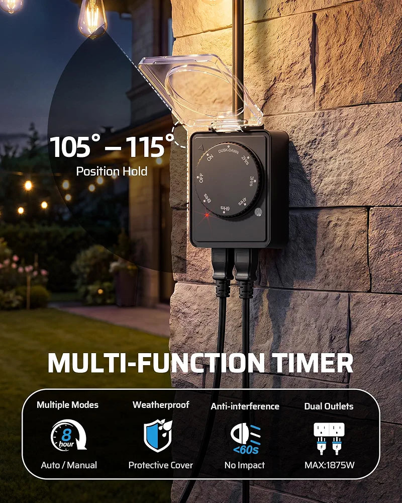 DEWENWILS Outdoor Timer Outlet, Dusk to Dawn, Dual Grounded Outlets