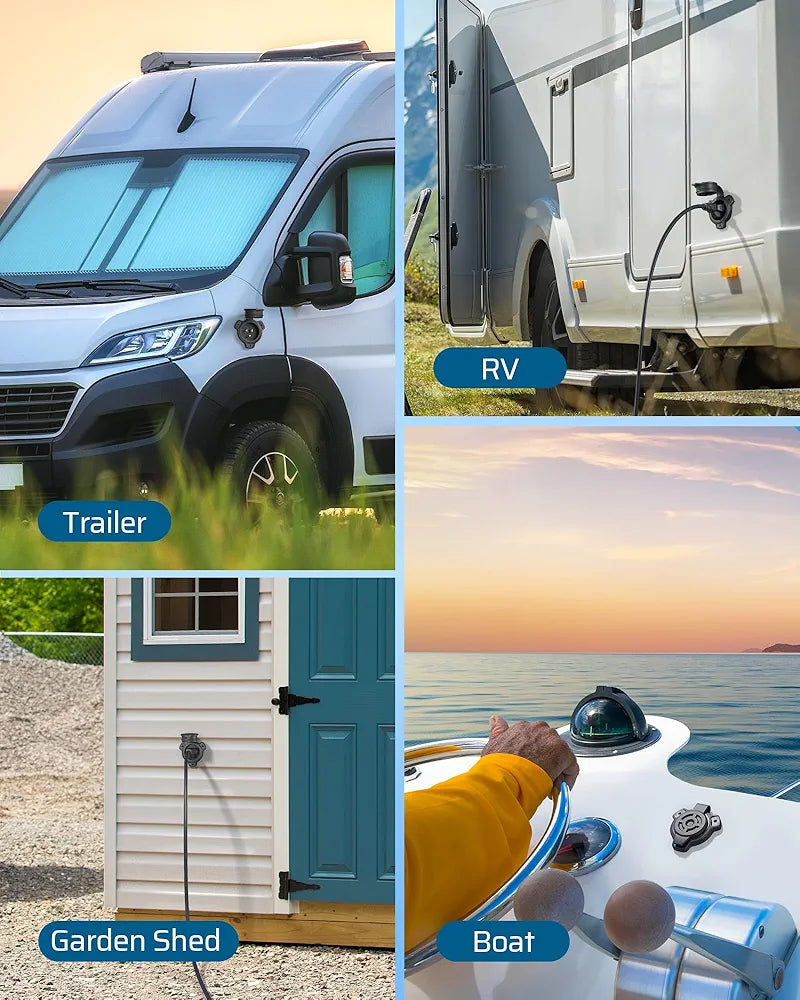 Shore Power Inlet: Ideal for trailers, RVs, boats, and garden sheds, providing reliable outdoor power access.