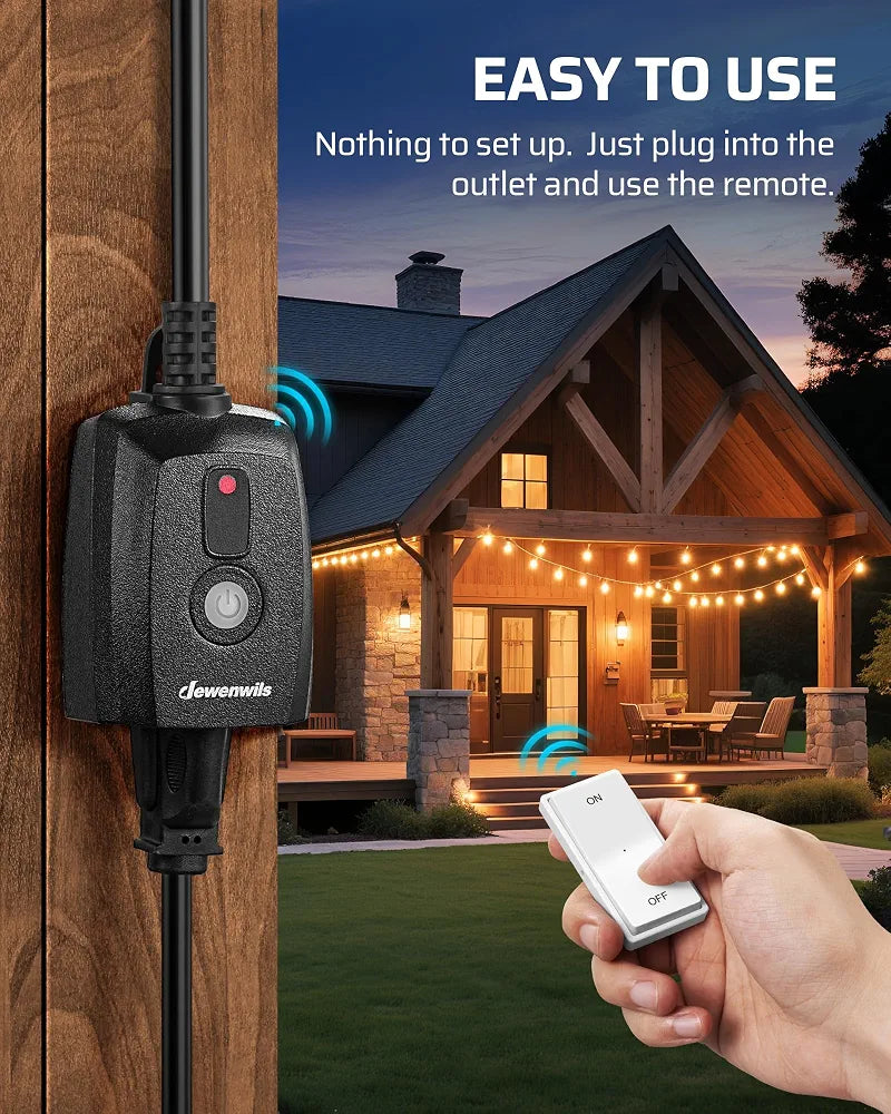 DEWENWILS Outdoor Remote Control Outlet, Magnetic Wireless Remote Control Switch, Weatherproof Plug in Switch, 15A/1875W 3-Prong, Heavy Duty 6-Inch SJTW 14/3C Extension Cord, 100FT Range Black