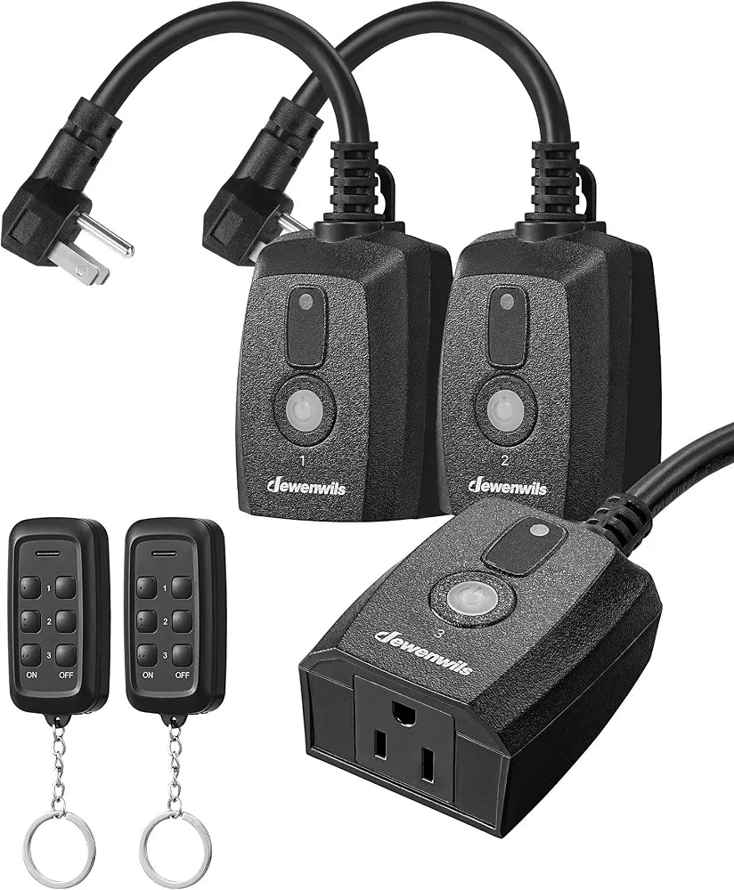 DEWENWILS Outdoor Remote Control Outlet, Indoor Wireless Remote Control Switch, Weatherproof Electrical Plug in Switch, 3-Prong 15A, 6-Inch Cord, 100FT Range, 2 Remotes 3 Outlets, ETL Listed