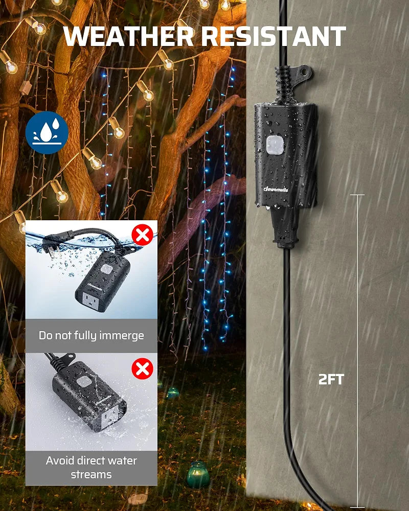 DEWENWILS Outdoor Remote Control Outlet, 15A Wireless Remote Control Switch, 100FT Control Range & 14AWG SJTW Power Cord, Weatherproof for Lights Outdoor Appliances, 1 Remote Control+2 Outlets