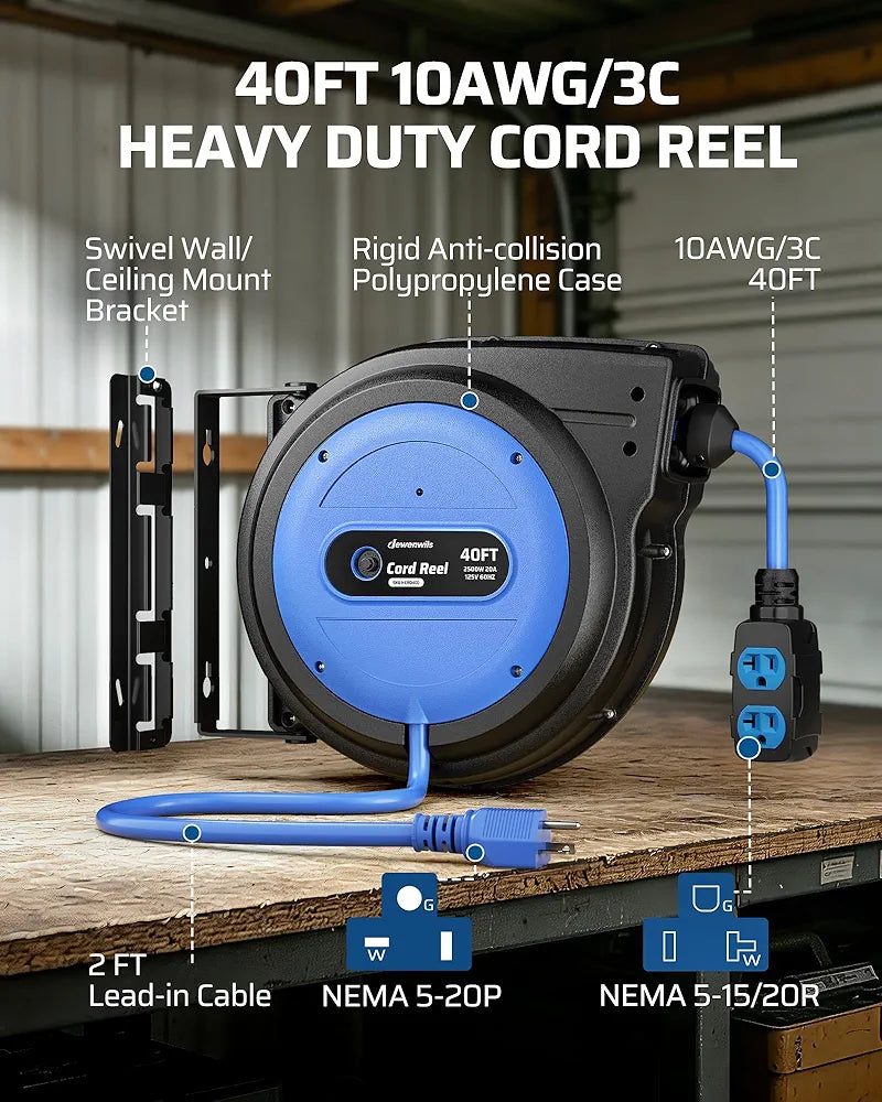 DEWENWILS 20 Amp Retractable Extension Cord Reel, 40FT 10AWG SJTOW Heavy Duty Extension Cord, Auto-Rewind No-Tangle, Circuit Breaker, 4 Outlets for Garage Shop, 2500W, Blue - HCRD40D-HCRD40F