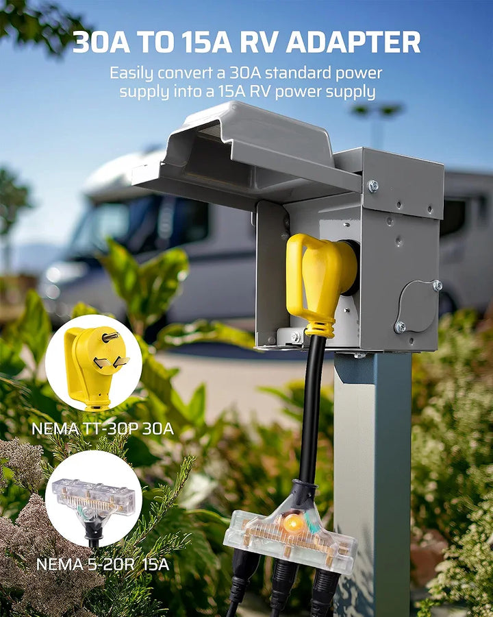 DEWENWILS 30 AMP RV Extension Cord, NEMA TT-30P Male to 15/20R Female RV Distribution Adapter with LED Power Indicator, 3 Prong Adapter to RV Camper Generator Household, 1FT, 125VAC, 10AWG STW