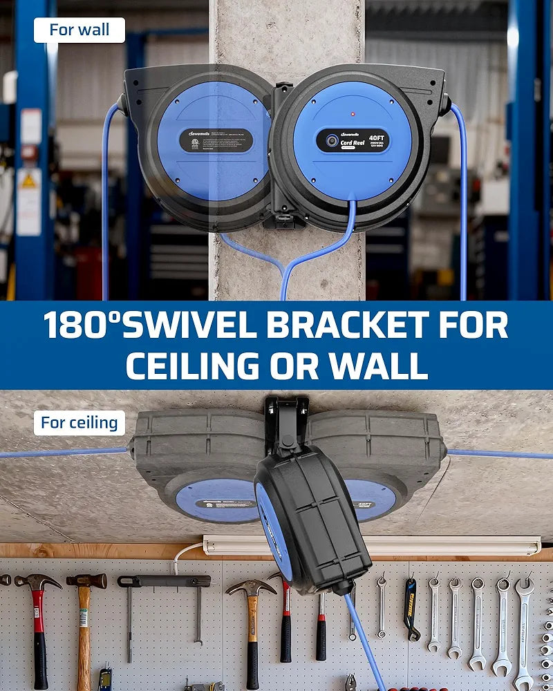 DEWENWILS 20 Amp Retractable Extension Cord Reel, 40FT 10AWG SJTOW Heavy Duty Extension Cord, Auto-Rewind No-Tangle, Circuit Breaker, 4 Outlets for Garage Shop, 2500W, Blue - HCRD40D-HCRD40F