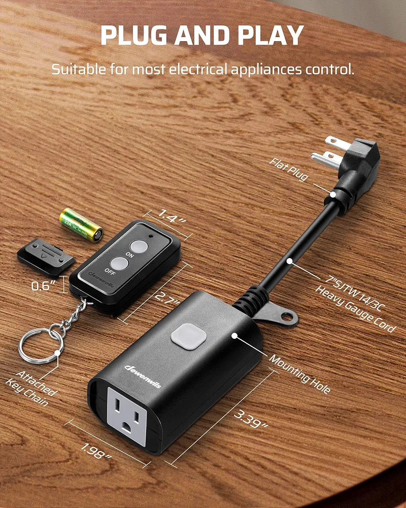 DEWENWILS Outdoor Remote Control Outlet, 15A Wireless Remote Control Switch, 100FT Control Range & 14AWG SJTW Power Cord, Weatherproof for Lights Outdoor Appliances, 1 Remote Control+2 Outlets
