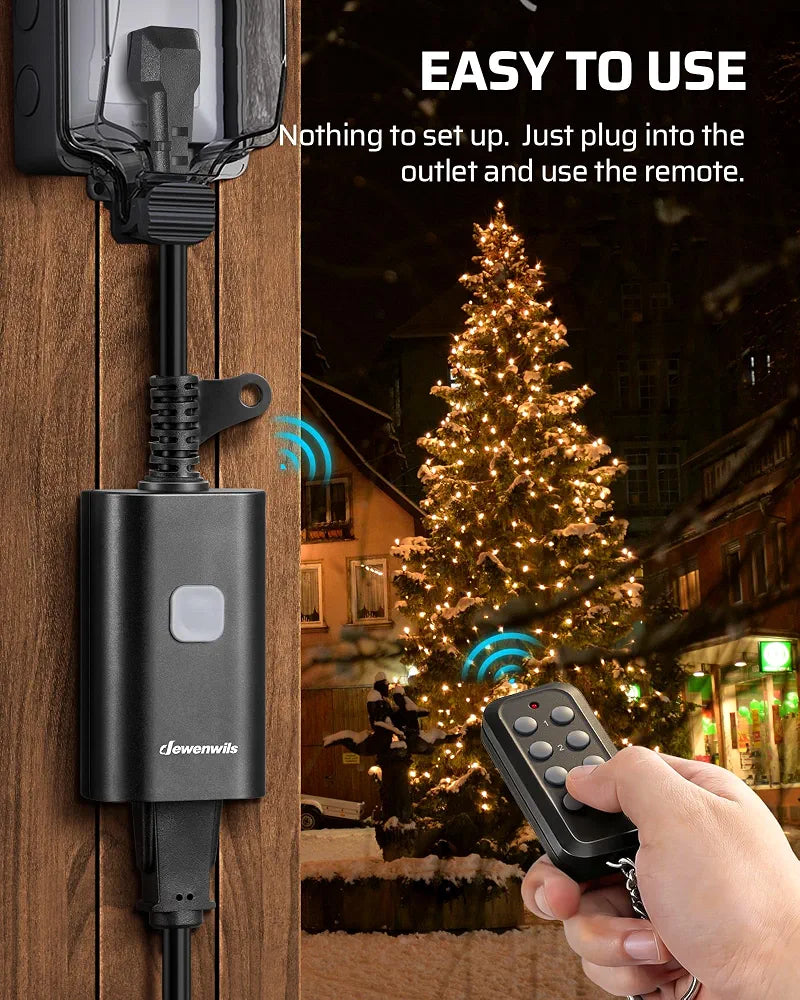 DEWENWILS Outdoor Remote Control Outlet, 15A Wireless Remote Control Switch, 100FT Control Range & 14AWG SJTW Power Cord, Weatherproof for Lights Outdoor Appliances, 1 Remote Control+2 Outlets
