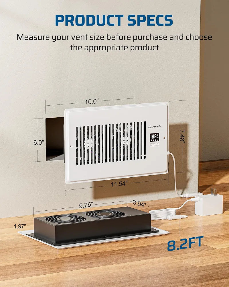 DEWENWILS 6'' x 10'' Quiet Register Booster Fan with Remote Control & Smart Intelligent Thermostat, 5-Speed Vent Fan Booster, Enhances AC Heating & Cooling Airflow for Floor, Wall, White - SHVEF26A