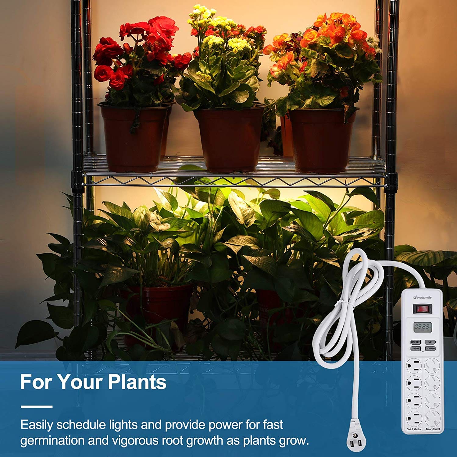 Power Strip with Timer: Easily schedules grow lights and powers plant systems to support fast germination and healthy root development as plants grow