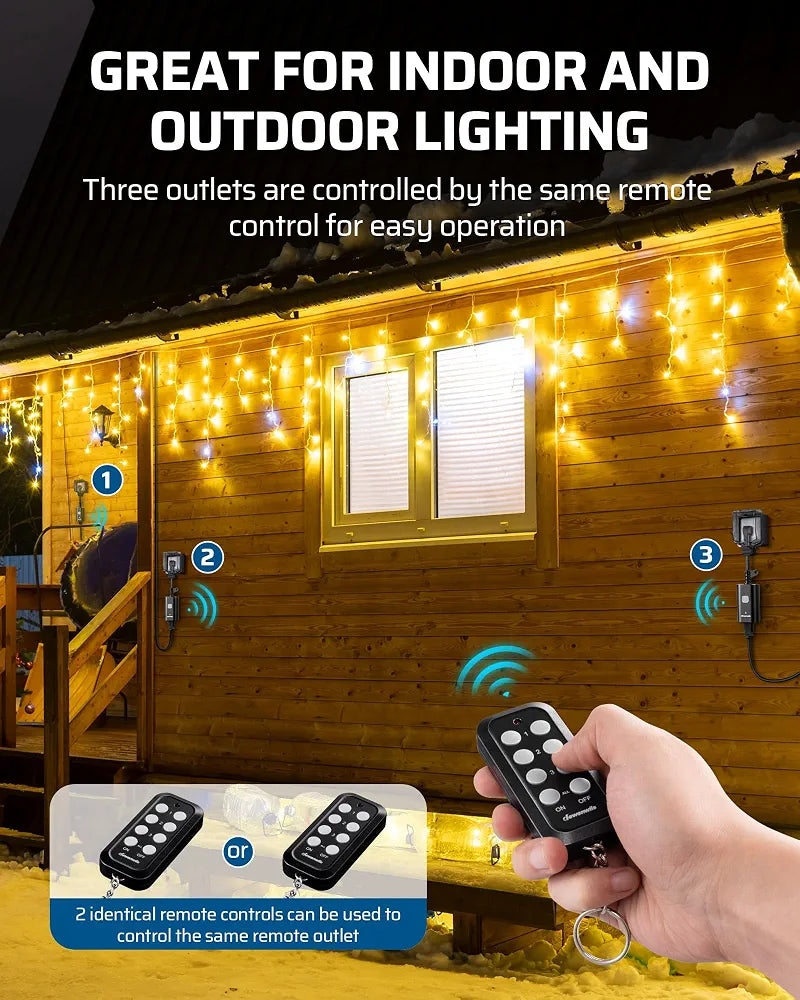 DEWENWILS Outdoor Remote Control Outlet, Weatherproof Heavy Duty 15A Wireless Remote Control Switch, 100FT Control Range, 2 Remotes & 3 Outlets 