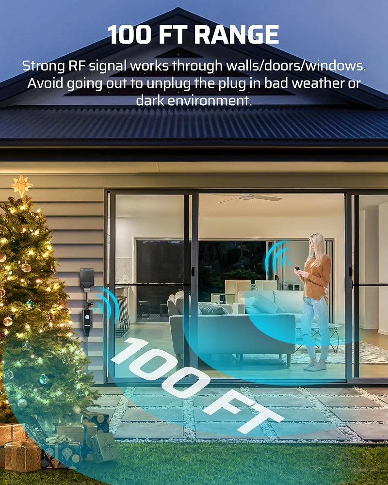 DEWENWILS Outdoor Remote Control Outlet, 15A Wireless Remote Control Switch, 100FT Control Range & 14AWG SJTW Power Cord, Weatherproof for Lights Outdoor Appliances, 1 Remote Control+2 Outlets