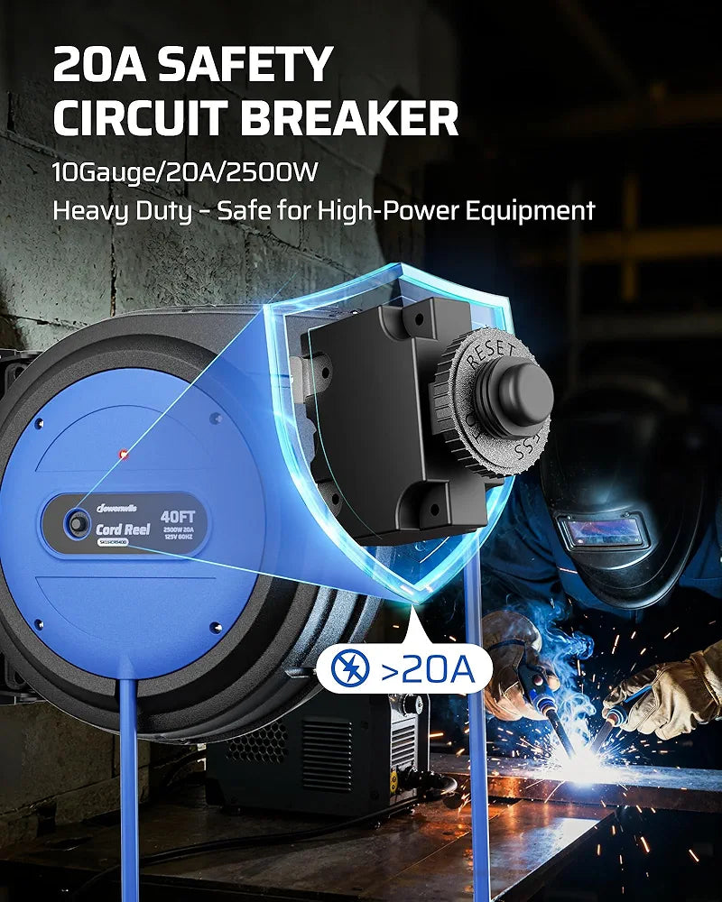 DEWENWILS 20 Amp Retractable Extension Cord Reel, 40FT 10AWG SJTOW Heavy Duty Extension Cord, Auto-Rewind No-Tangle, Circuit Breaker, 4 Outlets for Garage Shop, 2500W, Blue - HCRD40D-HCRD40F