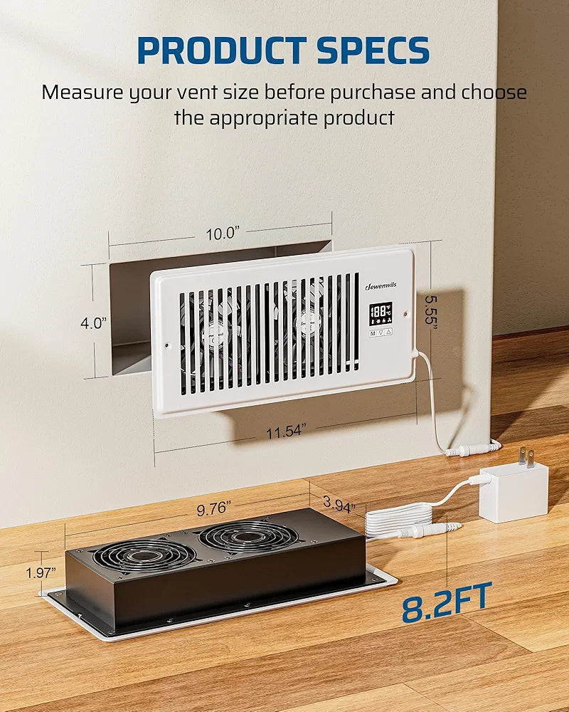 DEWENWILS 4'' x 10'' Quiet Register Booster Fan with Remote Control & Smart Intelligent Thermostat, 5-Speed Vent Fan Booster, Enhances AC Heating & Cooling Airflow for Floor, Wall, White