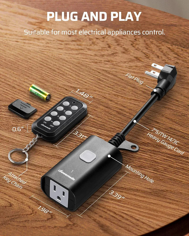 DEWENWILS Outdoor Remote Control Outlet, Weatherproof Heavy Duty 15A Wireless Remote Control Switch, 100FT Control Range, 2 Remotes & 3 Outlets 