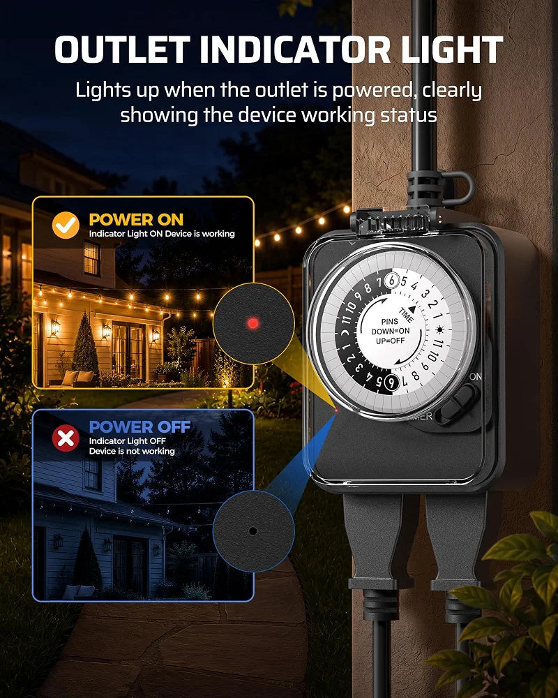 DEWENWILS 24 Hour Mechanical Timer Outlet, 2 Grounded Outlets, 15A 1/2HP