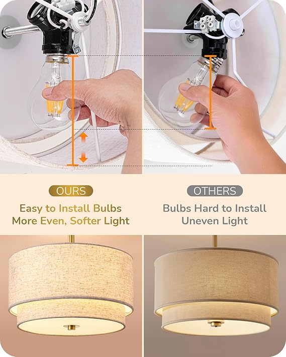 12.6" Semi Flush Mount Ceiling Light, 3-Light Close to Ceiling Light Fixtures with Double Drum Linen Fabric Shade