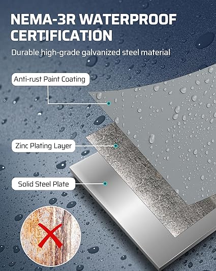 Outdoor Receptacle Box: Features an ETL-certified, NEMA-3R waterproof design constructed from solid galvanized steel with a multi-layer zinc plating and anti-rust coating for maximum durability.