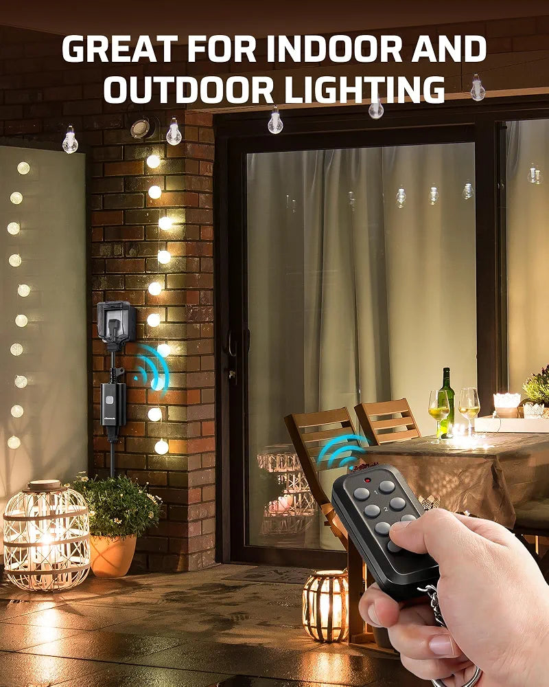 DEWENWILS Outdoor Remote Control Outlet, 15A Wireless Remote Control Switch, 100FT Control Range & 14AWG SJTW Power Cord, Weatherproof for Lights Outdoor Appliances, 1 Remote Control+2 Outlets