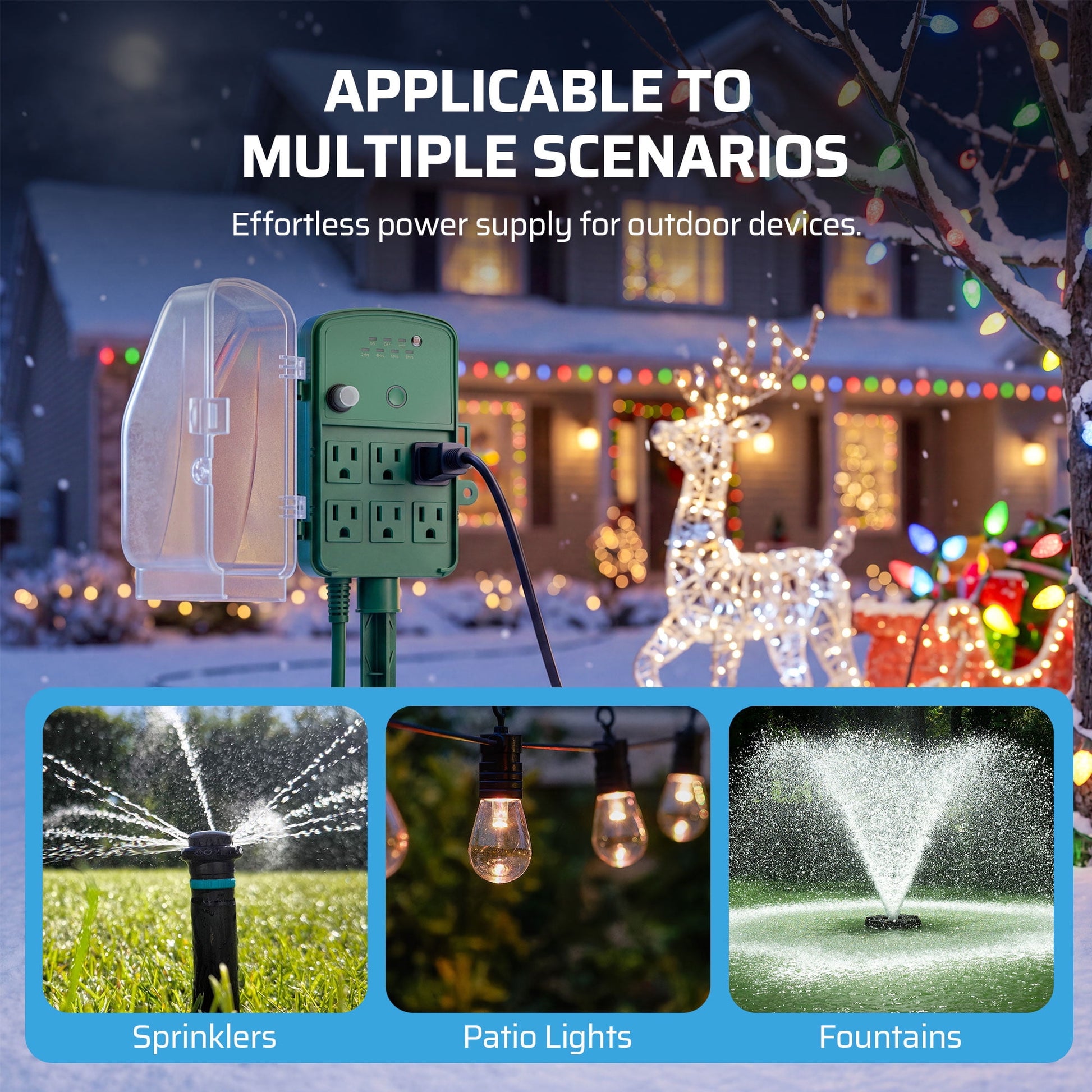 DEWENWILS 50FT Outdoor Power Stake Timer with 6 Outlets, 125VAC 15A, Light Sensor & Overload Protection, 4 Modes (Always On/Off/Photocell/Timer), Weatherproof, Green