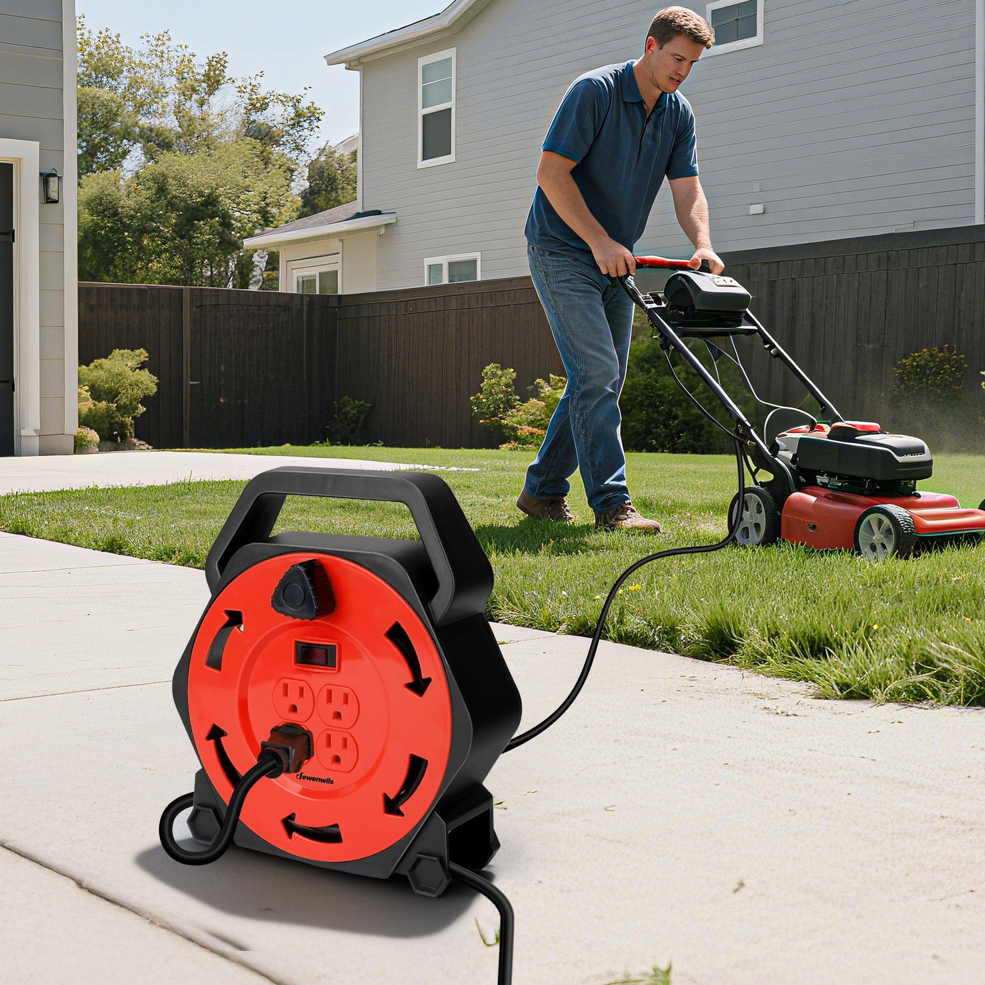 DEWENWILS Extension Cord Reel with 25 FT Power Cord, Hand Wind Retractable, 16/3 AWG SJTW, 4 Grounded Outlets, 13 Amp Circuit Breaker,Black and Red, UL Listed