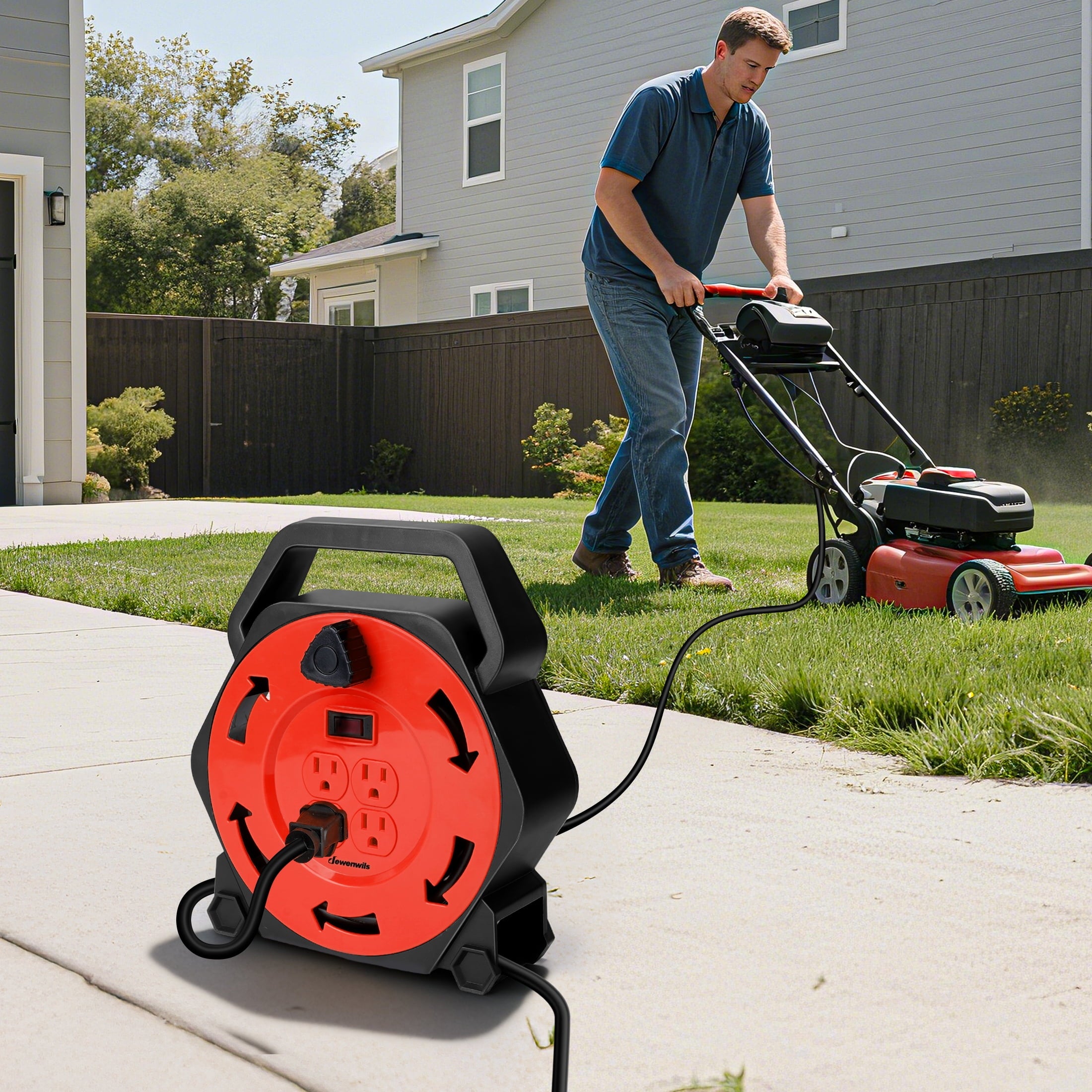 DEWENWILS Extension Cord Reel with 25 FT Power Cord, Hand Wind Retractable, 16/3 AWG SJTW, 4 Grounded Outlets, 13 Amp Circuit Breaker,Black and Red, UL Listed