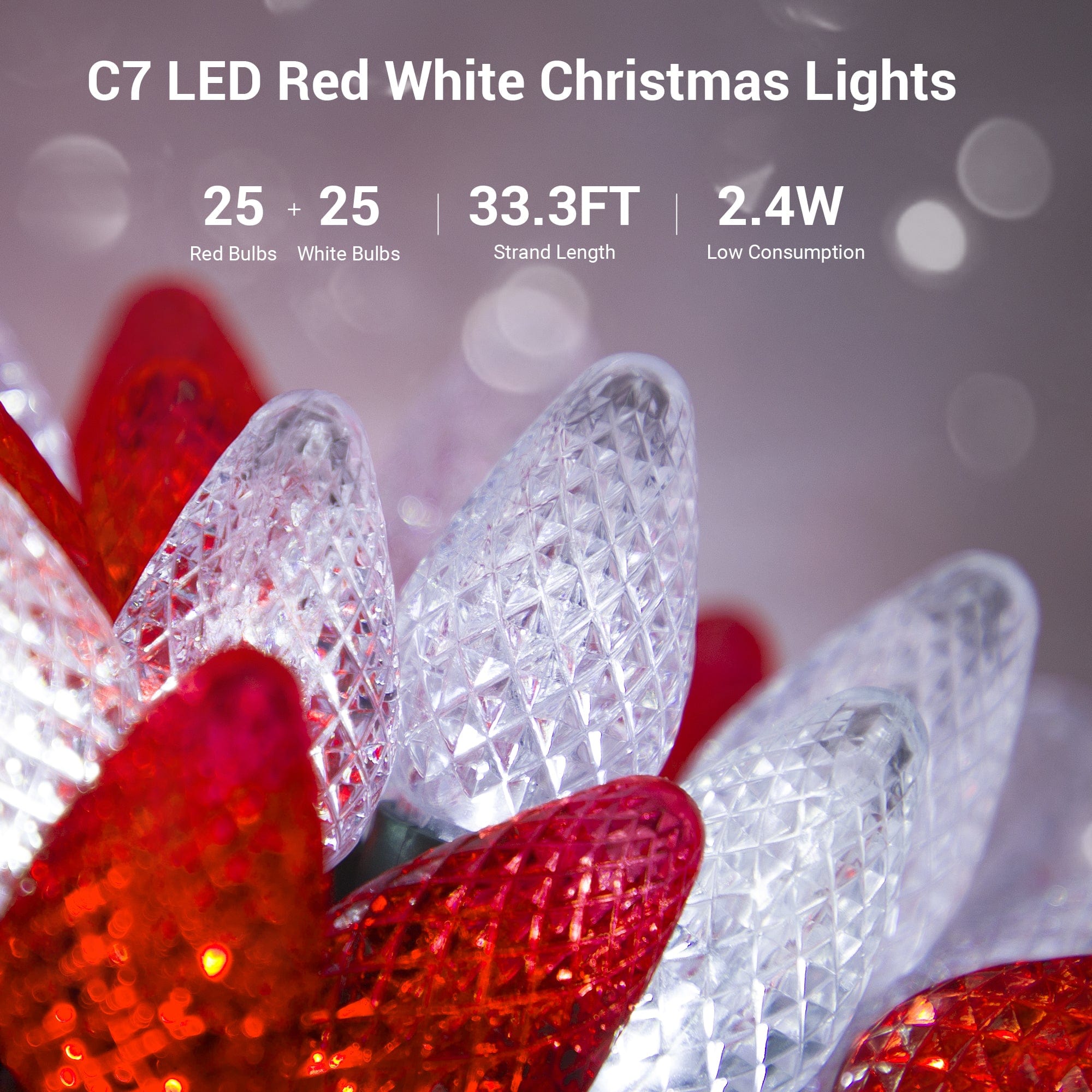 DEWENWILS C7 LED Christmas Lights Outdoor, 33.3ft 50LED Christmas String Lights, Outdoor Decorations for Christmas Tree, Patio, Garden, Yard, Green Wire, Red & White-HCSL01W