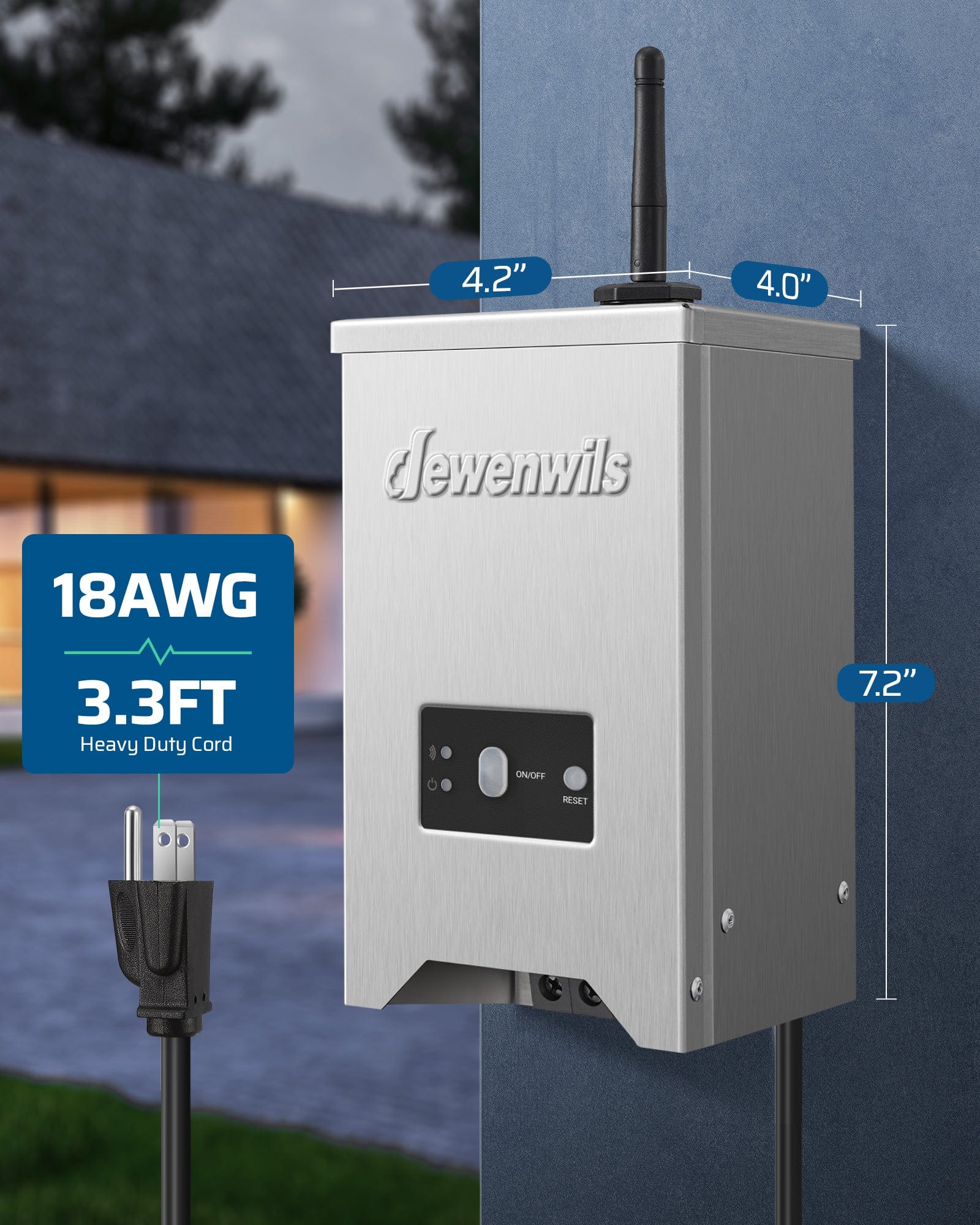 DEWENWILS 200W Low Voltage Landscape Lighting Transformer, dimensions 4.2in L × 4.0in W × 7.2in H, equipped with 18 AWG 3.3FT heavy-duty cord