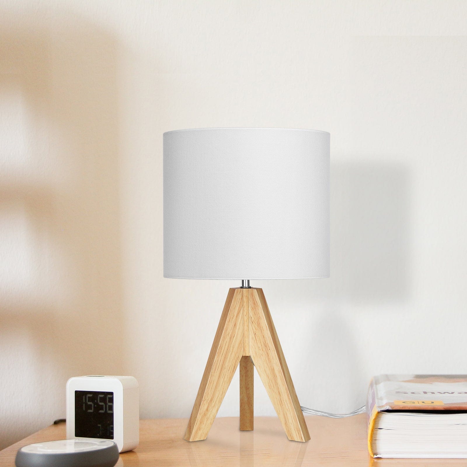 DEWENWILS 14.2 inches Table Lamp, Wooden Tripod Table Lamp with White Linen Fabric Shade, 2 Pack Table Lamp for Living Room, Bedroom, Side Table, Nursery, Office-HLTL05J
