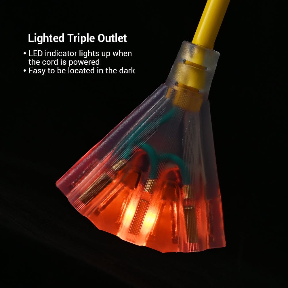 DEWENWILS 15 FT 12/3 Gauge Extension Cord Outdoor Tri-Tap Extension Cord Splitter, Heavy Duty Power Cable SJTW 15 Amp for Multiple Appliances, LED Lighted Plug-HTOY15C1