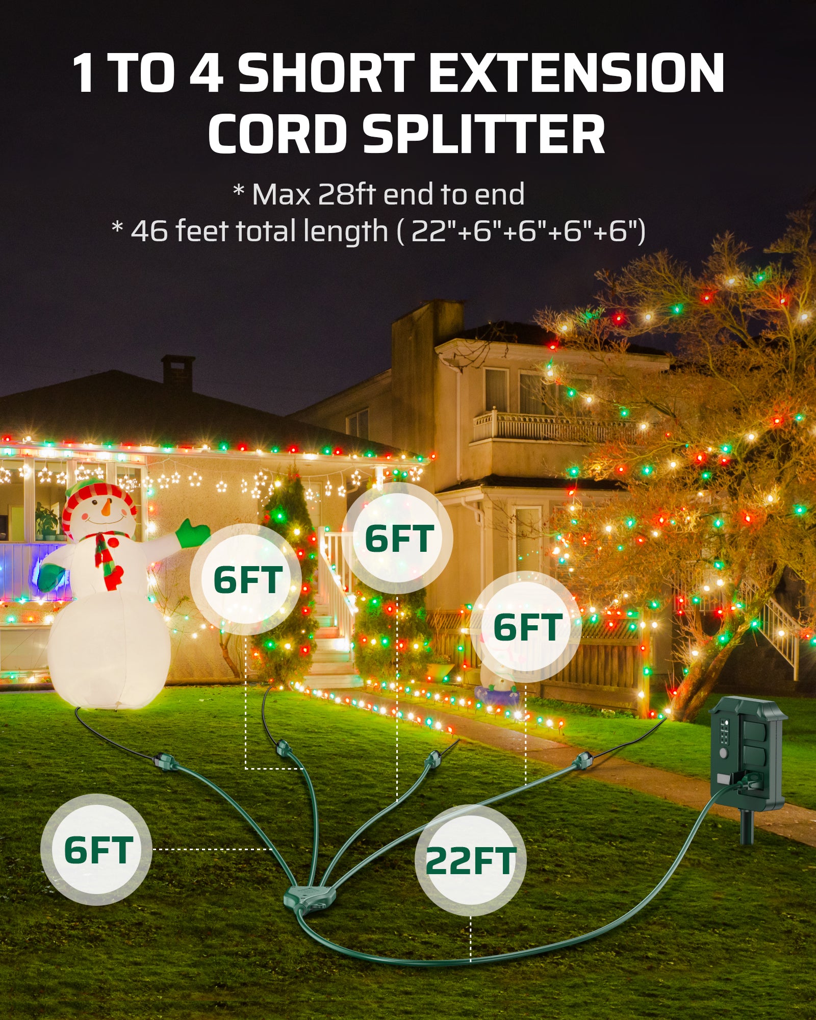DEWENWILS Total 46FT Outdoor Extension Cord with 1 to 4 Splitter (22+4 * 6FT, Max 28FT from End to End), Green Extension Cord, SJTW Outdoor Extension Cord-HSC104E